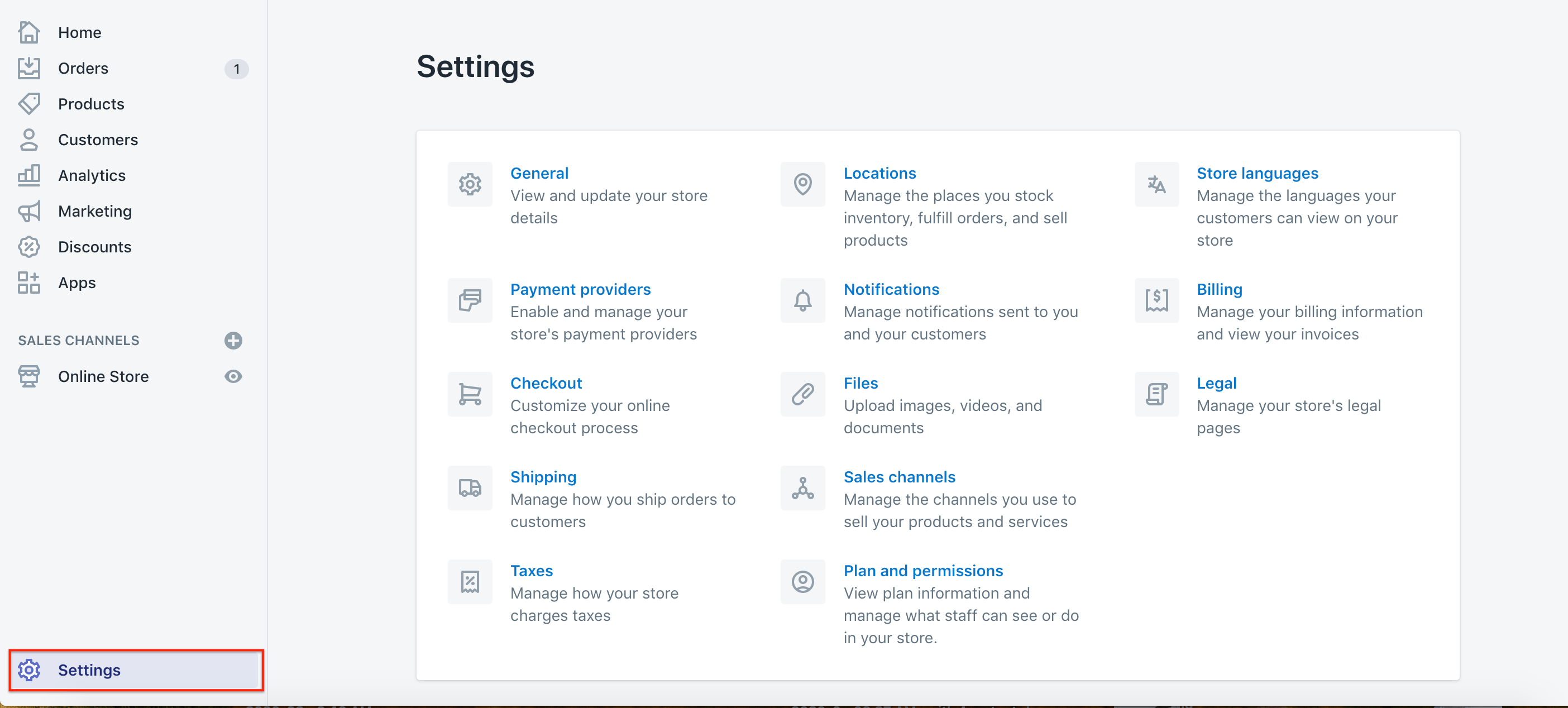 Shopify admin Settings