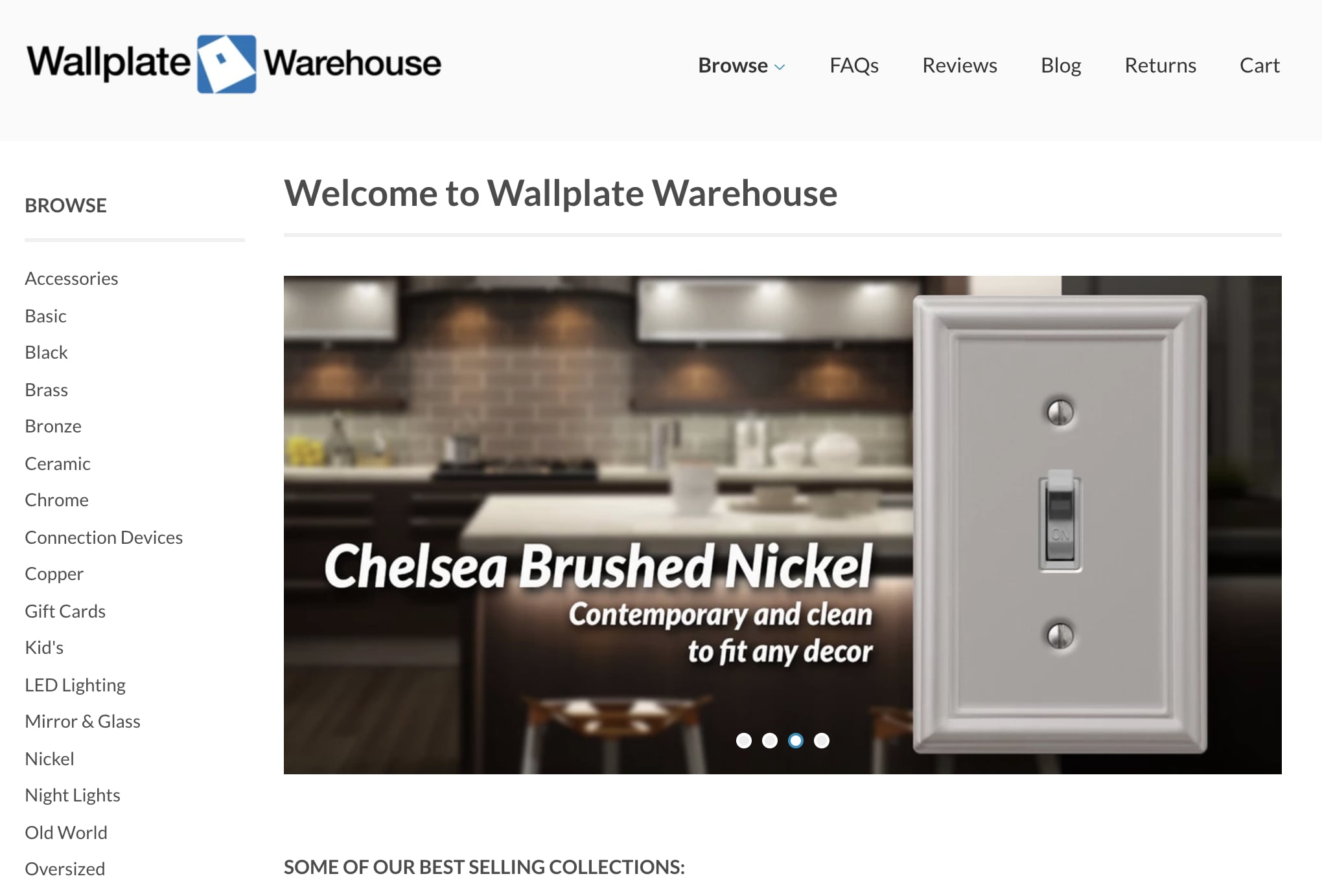 Screenshot of the Wallplate Warehouse home page