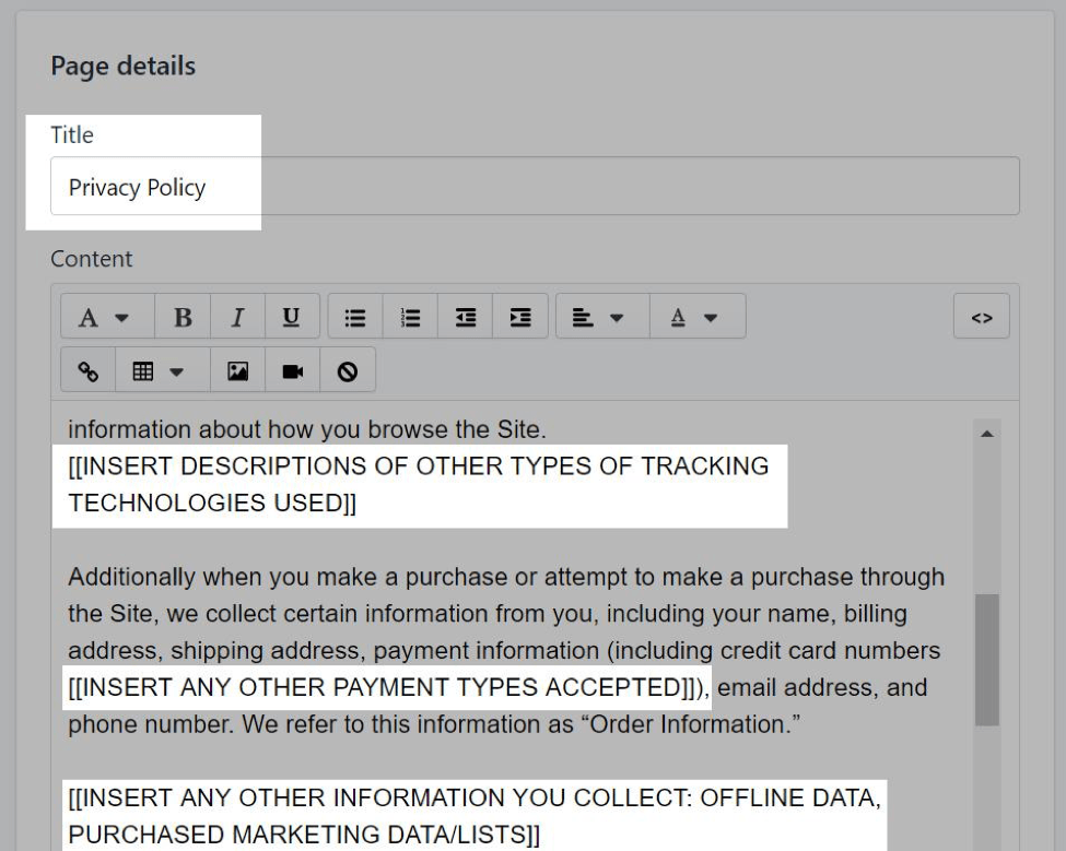 privacy policy shopify tips