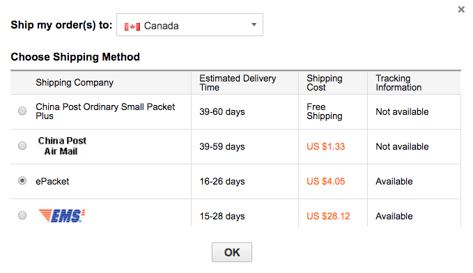 Shipping costs Canada