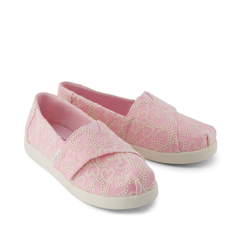 Alpargata Classic Kids Shoe - Barely Pink Hearts Eyelet Lace Front View Alpargata Classic Kids Shoe - Barely Pink Hearts Eyelet Lace Front View