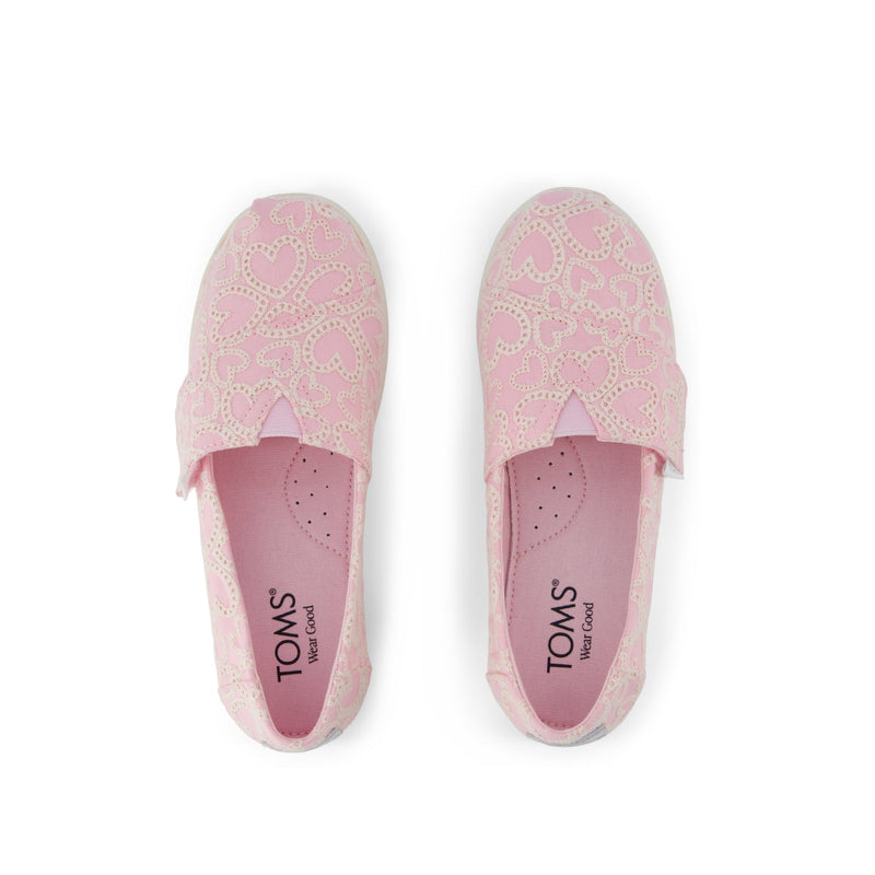 Alpargata Classic Kids Shoe - Barely Pink Hearts Eyelet Lace Top View Alpargata Classic Kids Shoe - Barely Pink Hearts Eyelet Lace Top View