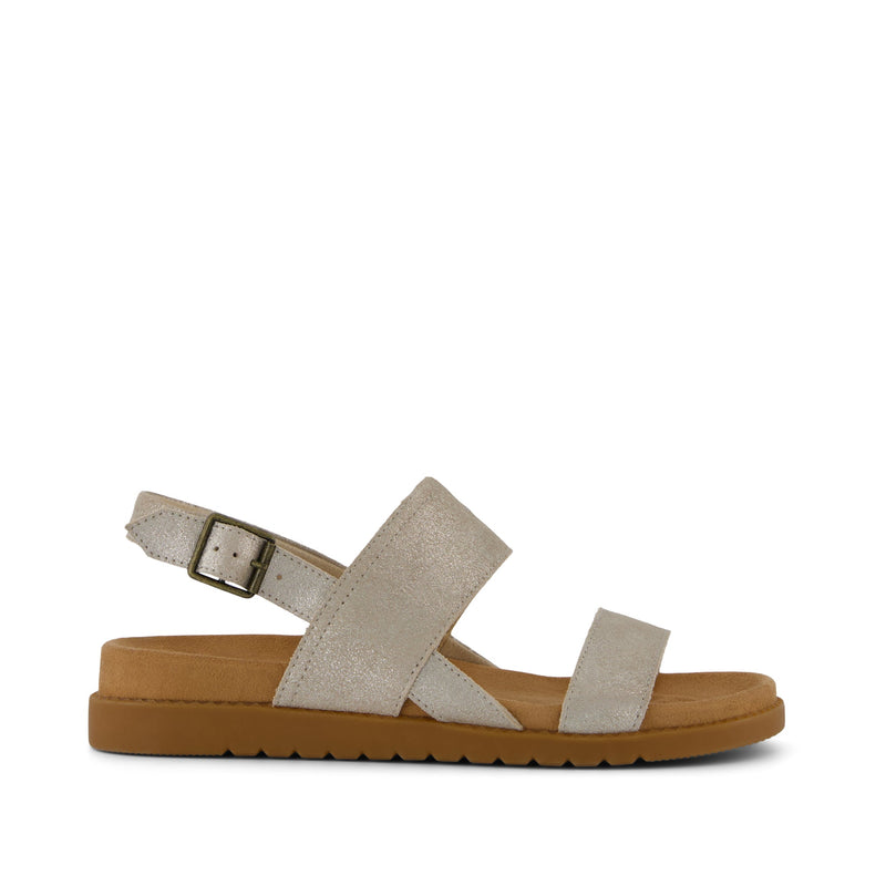 Marin Sandal - Champagne Metallic Suede Side View Marin Sandal - Champagne Metallic Suede Side View