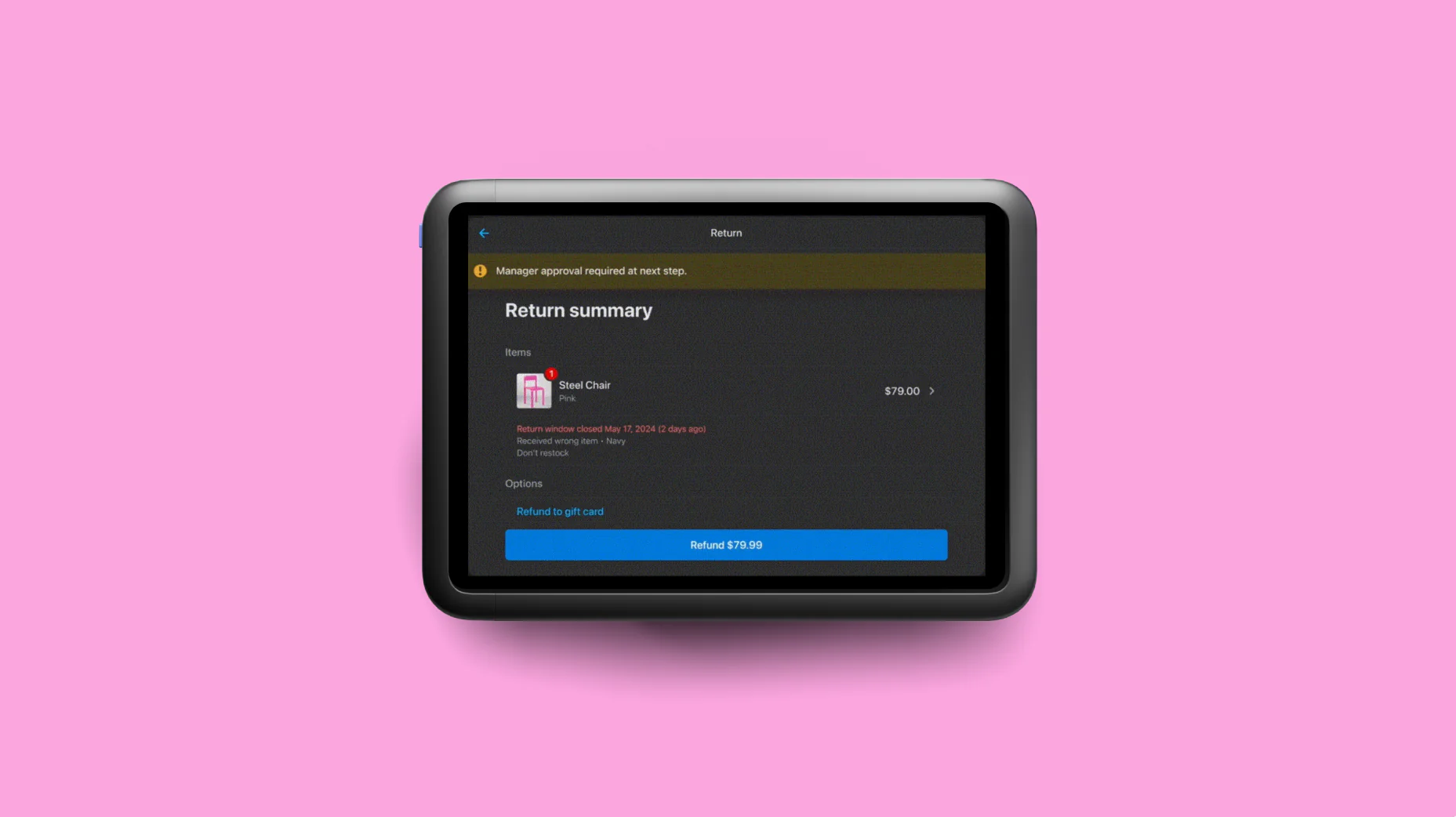 Refund for a pink steel chair on the Shopify POS interface.