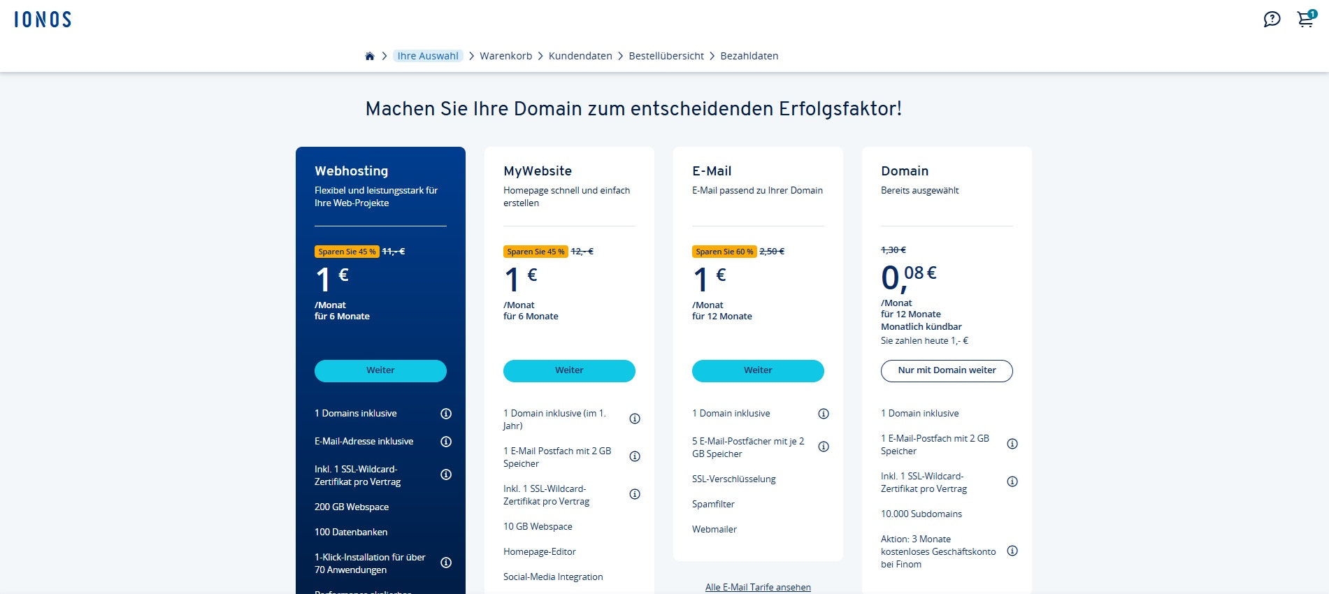 Der Screenshot zeigt verschiedene Services bei der Registrierung einer Domain bei IONOS.